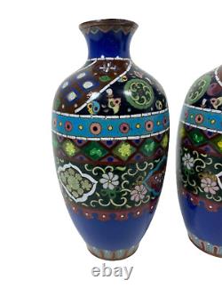 Antique Japanese Cloisonne Vase Goldstone Glitter Enamel Pair of two