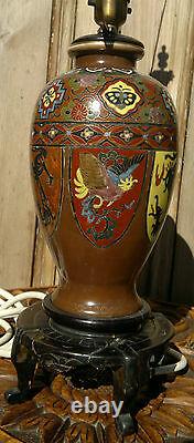 Antique Japanese Cloisonne Vase Lamp Dragon Bird & Floral Designs