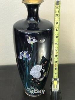Antique Japanese Cloisonne Vase w Bird/ Crane And Iris Flowers In Navy Blue