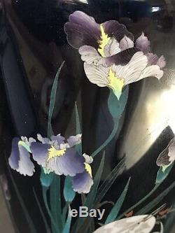 Antique Japanese Cloisonne Vase w Bird/ Crane And Iris Flowers In Navy Blue