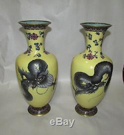 Antique Japanese Cloisonne Vases Yellow with Dragons