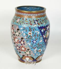 Antique Japanese Cloisonne Wide Mouthed Vase Jar with Blue Ground
