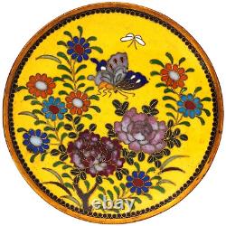 Antique Japanese Cloisonne Yellow Enamel Butterfly Plate