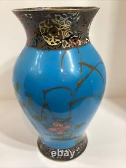 Antique Japanese Early Meiji Wireless Cloisonne Vase Cranes 12 High