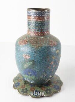 Antique Japanese Edo Period Cloisonne Enamel Mallet Form Vase with Lotus Flowers