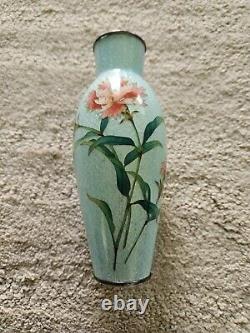 Antique Japanese Enamel Cloisonne Turquise Vase Brass Carnations Peach Pink