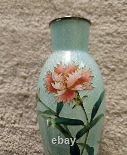 Antique Japanese Enamel Cloisonne Turquise Vase Brass Carnations Peach Pink