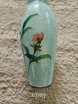 Antique Japanese Enamel Cloisonne Turquise Vase Brass Carnations Peach Pink