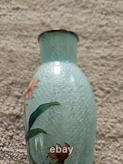 Antique Japanese Enamel Cloisonne Turquise Vase Brass Carnations Peach Pink