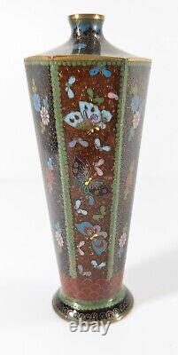 Antique Japanese Faceted Cloisonne Enamel Vase with Flowers Butterflies