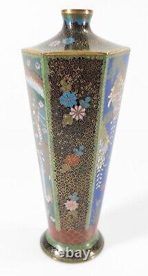 Antique Japanese Faceted Cloisonne Enamel Vase with Flowers Butterflies