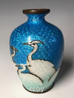 Antique Japanese Foil Ginbari Miniature Crane Egret Enamel Cloisonne Vase