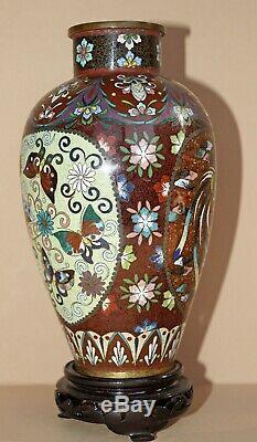 Antique Japanese Ginbari Cloisonne 3-Panel Vase with Stand