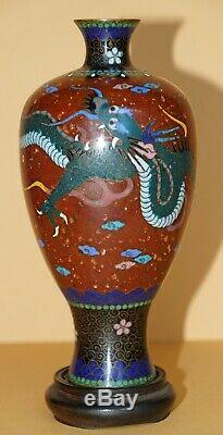 Antique Japanese Ginbari Cloisonne Dragon Vase with Stand