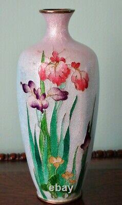 Antique Japanese Ginbari Cloisonne Vase Irises Meiji Period ca. 1890-1900 Signed