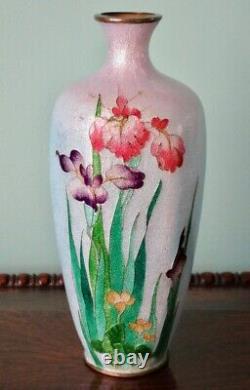 Antique Japanese Ginbari Cloisonne Vase Irises Meiji Period ca. 1890-1900 Signed