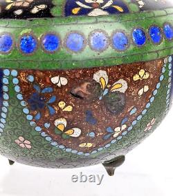 Antique Japanese Goldstone Footed Cloisonne Pot Jar Flowers & Butterflies