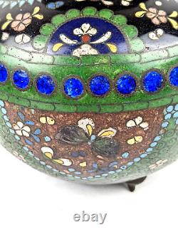 Antique Japanese Goldstone Footed Cloisonne Pot Jar Flowers & Butterflies