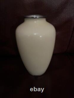 Antique Japanese Inaba Cloisonne 5 enameled Celadon Vase w Nickel Silver Rim