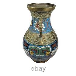 Antique Japanese Large Bronze Champleve Enameled Vase Dragon Foo Dog Handles 12