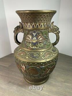 Antique Japanese Meiji Champleve Bronze Vase Large 12 Tall BEAUTIFUL