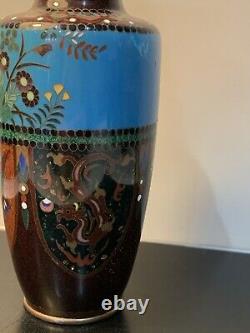 Antique Japanese Meiji Cloisonné Blue Enamel Phonex Drygon Ginbari Vase 6