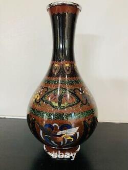 Antique Japanese Meiji Cloisonné Enamel Ginbari Drygon Phonex Vase Sterling Rims