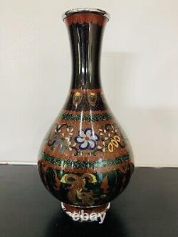 Antique Japanese Meiji Cloisonné Enamel Ginbari Drygon Phonex Vase Sterling Rims