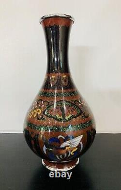 Antique Japanese Meiji Cloisonné Enamel Ginbari Drygon Phonex Vase Sterling Rims