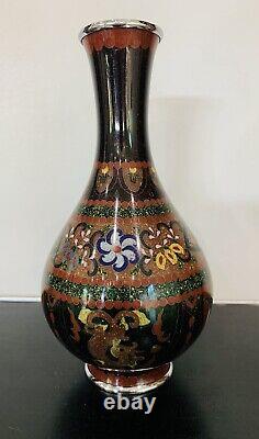 Antique Japanese Meiji Cloisonné Enamel Ginbari Drygon Phonex Vase Sterling Rims