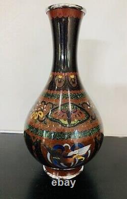 Antique Japanese Meiji Cloisonné Enamel Ginbari Drygon Phonex Vase Sterling Rims