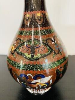 Antique Japanese Meiji Cloisonné Enamel Ginbari Drygon Phonex Vase Sterling Rims