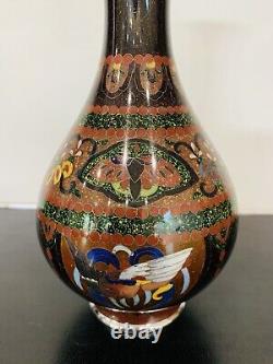 Antique Japanese Meiji Cloisonné Enamel Ginbari Drygon Phonex Vase Sterling Rims