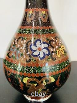 Antique Japanese Meiji Cloisonné Enamel Ginbari Drygon Phonex Vase Sterling Rims