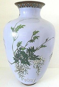 Antique Japanese Meiji Cloisonne Enamel Lilac Blue Wisteria Birds 12 Large Vase