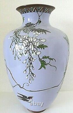 Antique Japanese Meiji Cloisonne Enamel Lilac Blue Wisteria Birds 12 Large Vase