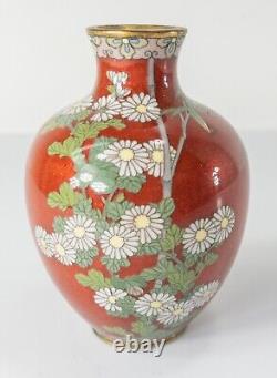 Antique Japanese Meiji Cloisonne Enamel Vase Bamboo Chrysanthemums Silver Wire