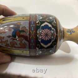 Antique Japanese Meiji Cloisonne Vase 6 Dragon-Bird Panels 7 1/4 Mint