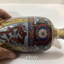 Antique Japanese Meiji Cloisonne Vase 6 Dragon-Bird Panels 7 1/4 Mint