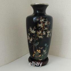 Antique Japanese Meiji Cloisonne Vase Black Ground Onaga and Seasonal Plants