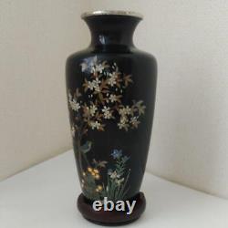 Antique Japanese Meiji Cloisonne Vase Black Ground Onaga and Seasonal Plants