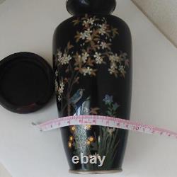 Antique Japanese Meiji Cloisonne Vase Black Ground Onaga and Seasonal Plants