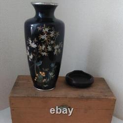 Antique Japanese Meiji Cloisonne Vase Black Ground Onaga and Seasonal Plants