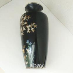 Antique Japanese Meiji Cloisonne Vase Black Ground Onaga and Seasonal Plants