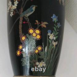 Antique Japanese Meiji Cloisonne Vase Black Ground Onaga and Seasonal Plants