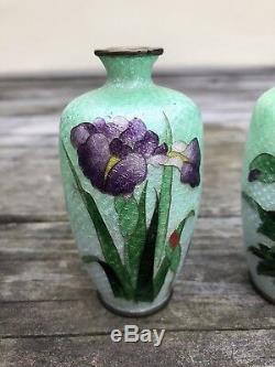 Antique Japanese Meiji Enamel Ginbari Foil Cloisonne Miniature Floral Vases Pair