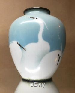 Antique Japanese Meiji Era Wireless Cloisonne Cranes Egrets Vase Enamel
