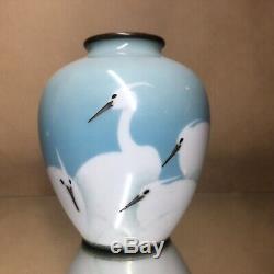 Antique Japanese Meiji Era Wireless Cloisonne Cranes Egrets Vase Enamel
