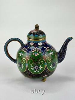 Antique Japanese Meiji Era (late 1800's) Cloisonné Green/Blue Tea Pot 3.5