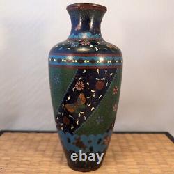 Antique Japanese Meiji Green & Black Cloisonne Vase Flowers Butterflies Japan